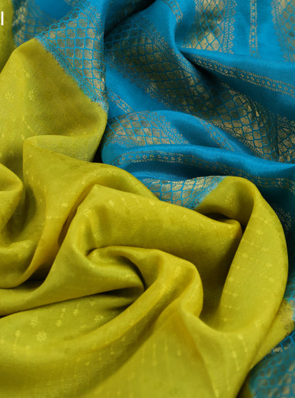 Pure mysore silk saree yellow and teal blue with allover self emboss and zari woven border