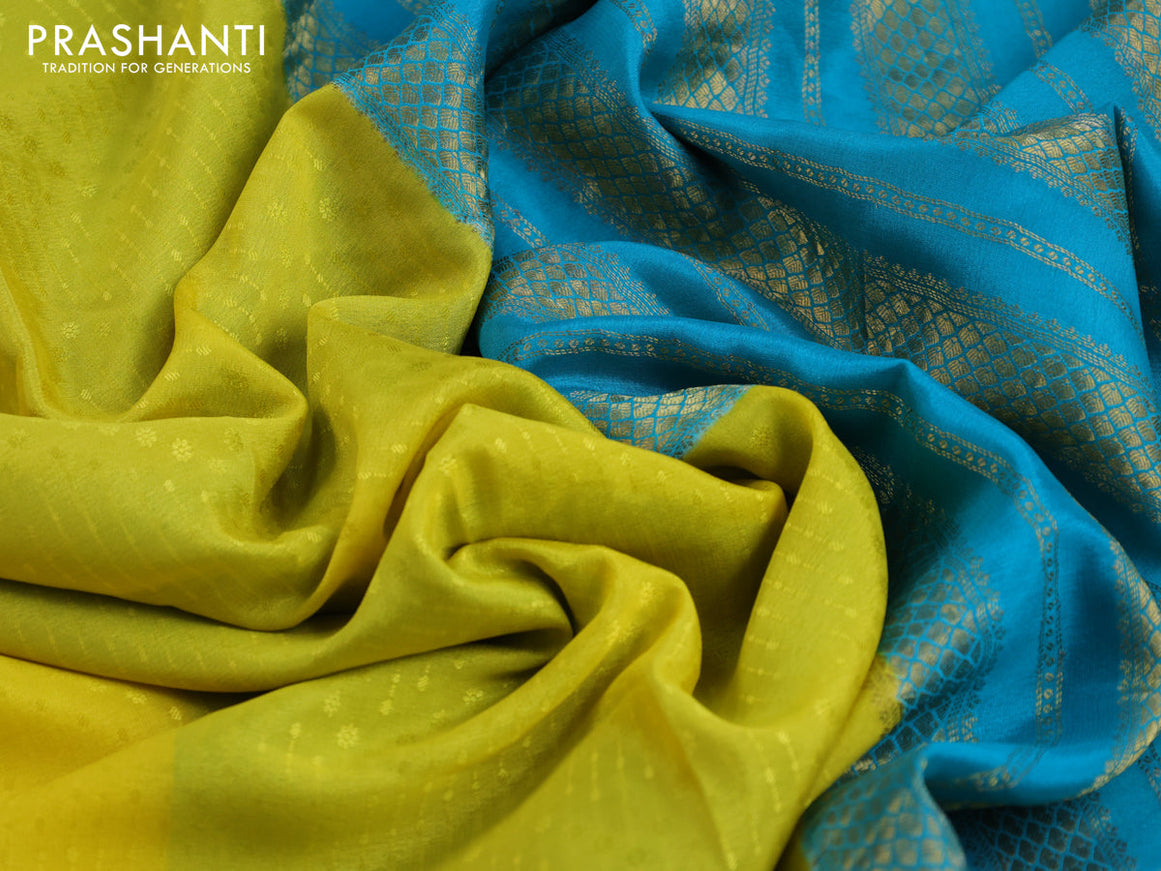 Pure mysore silk saree yellow and teal blue with allover self emboss and zari woven border