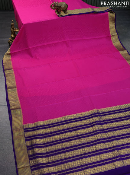 Pure mysore silk saree pink and blue with allover self emboss and zari woven border