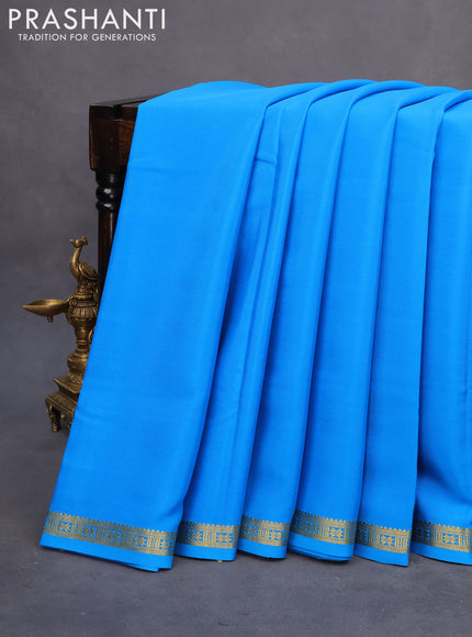 Pure mysore silk saree cs blue with plain body and zari woven border