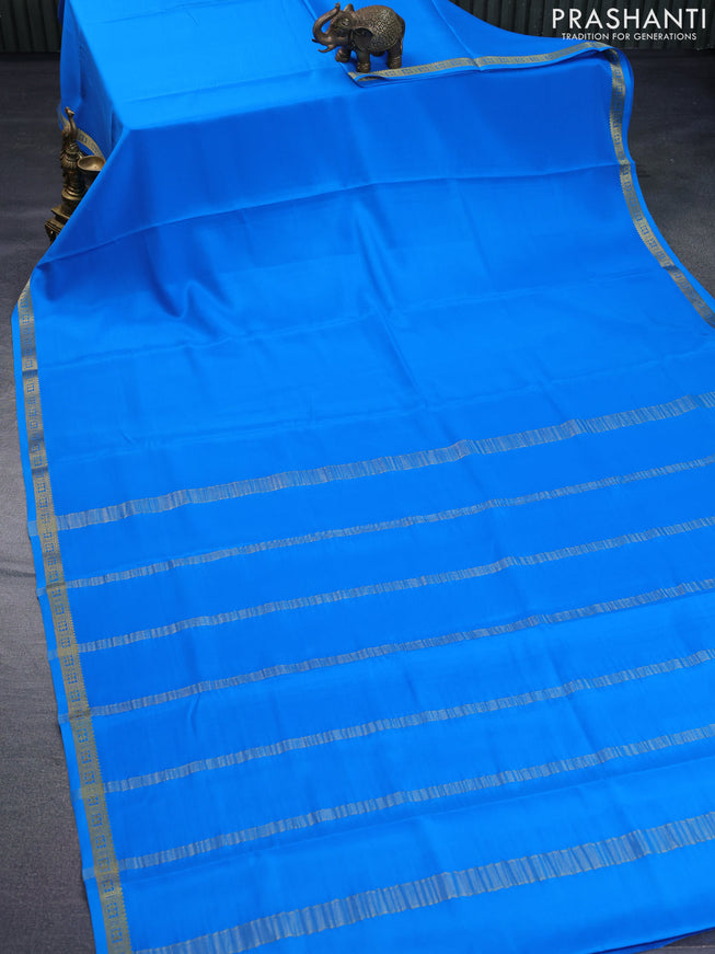 Pure mysore silk saree cs blue with plain body and zari woven border