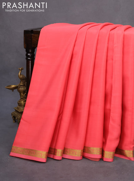 Pure mysore silk saree peach pink with plain body and zari woven border