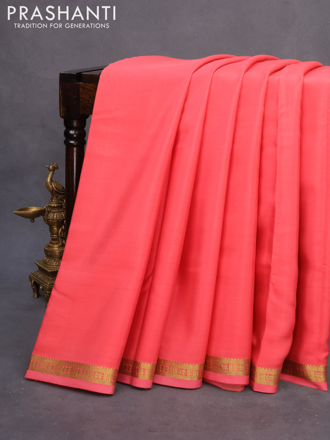 Pure mysore silk saree peach pink with plain body and zari woven border