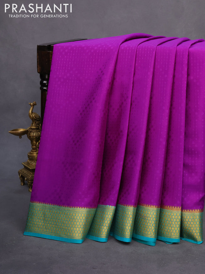 Pure mysore silk saree purple and teal blue with allover self emboss and zari woven border