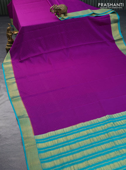 Pure mysore silk saree purple and teal blue with allover self emboss and zari woven border