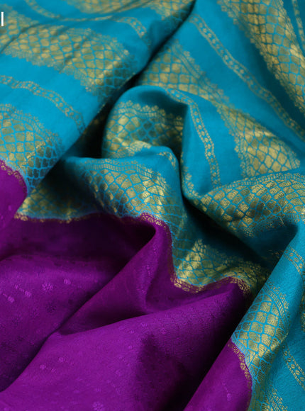 Pure mysore silk saree purple and teal blue with allover self emboss and zari woven border