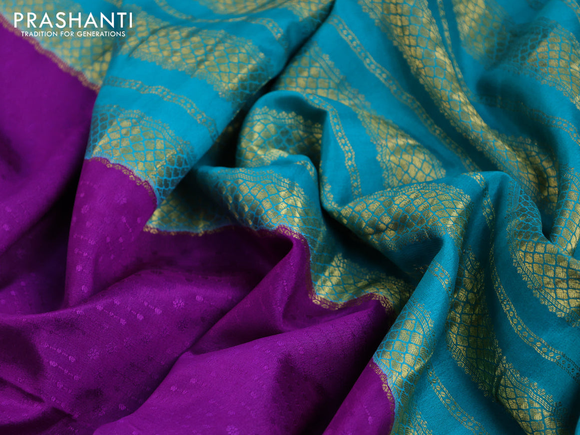 Pure mysore silk saree purple and teal blue with allover self emboss and zari woven border