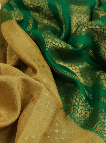 Pure mysore silk saree mustard yellow and green with allover self emboss and zari woven border