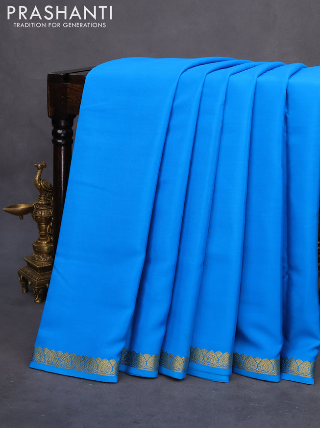 Pure mysore silk saree cs blue with plain body and zari woven border