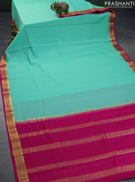 Pure mysore silk saree teal green and pink with plain body and zari woven border