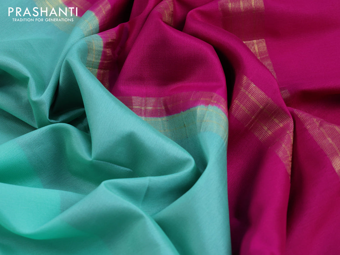 Pure mysore silk saree teal green and pink with plain body and zari woven border