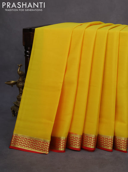 Pure mysore silk saree yellow and red with plain body and zari woven border