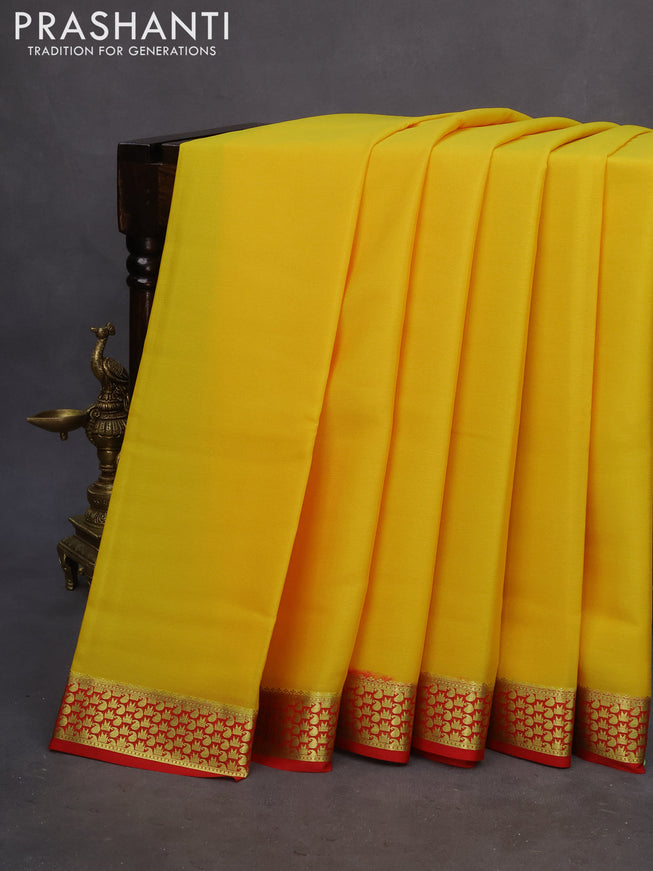 Pure mysore silk saree yellow and red with plain body and zari woven border