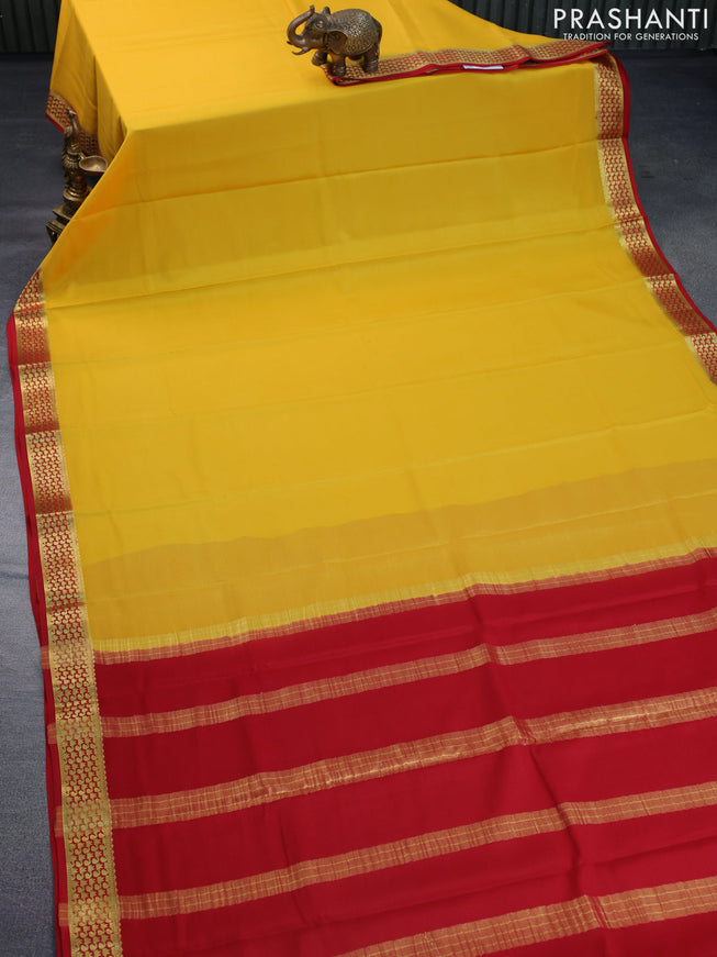 Pure mysore silk saree yellow and red with plain body and zari woven border