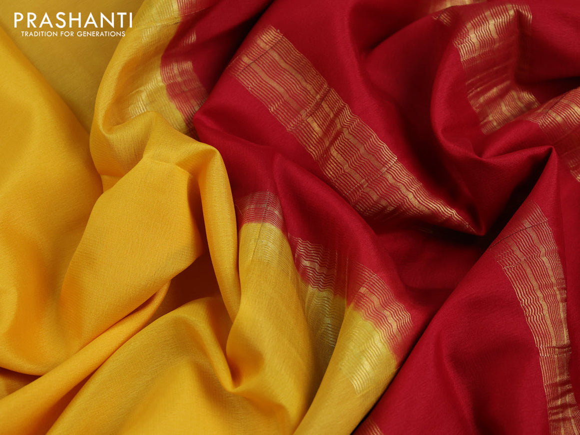 Pure mysore silk saree yellow and red with plain body and zari woven border