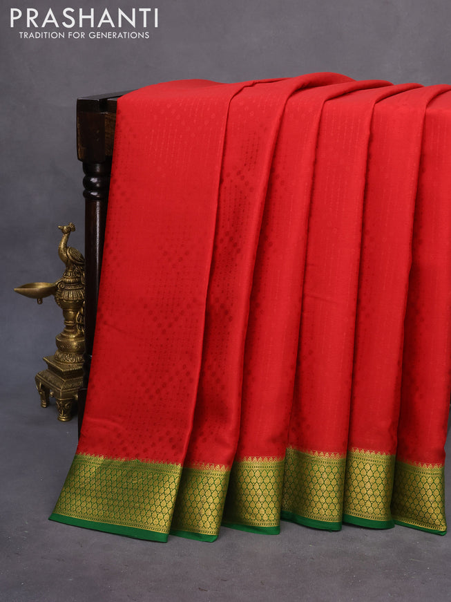 Pure mysore silk saree red and green with allover self emboss and zari woven border