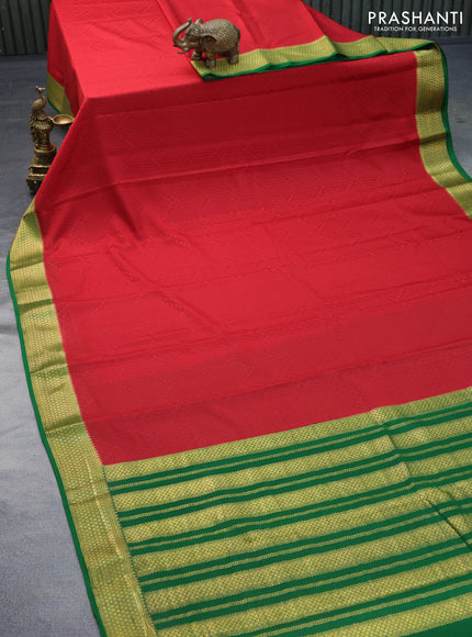 Pure mysore silk saree red and green with allover self emboss and zari woven border