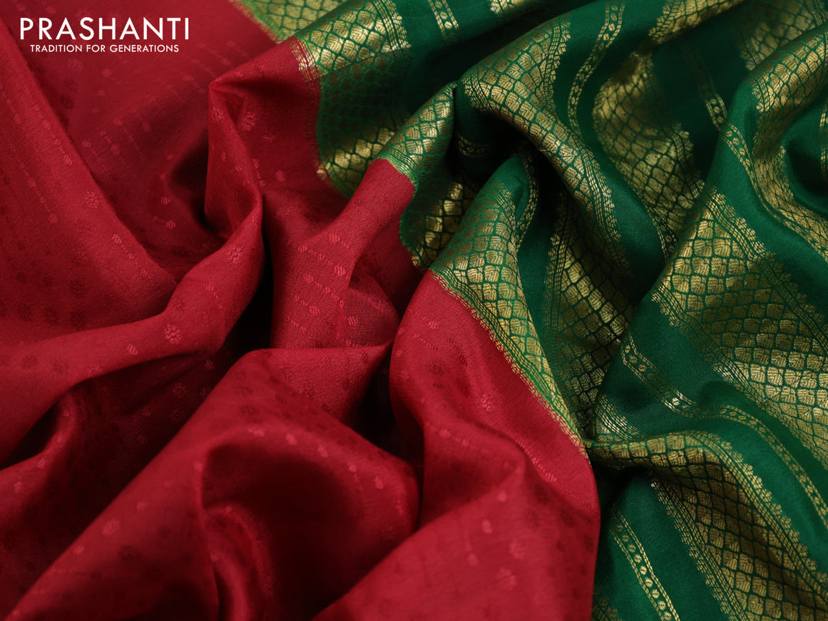 Pure mysore silk saree red and green with allover self emboss and zari woven border