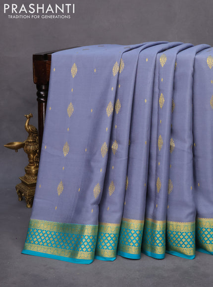 Pure mysore silk saree grey and teal green with zari woven buttas and zari woven border