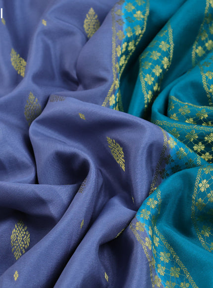 Pure mysore silk saree grey and teal green with zari woven buttas and zari woven border