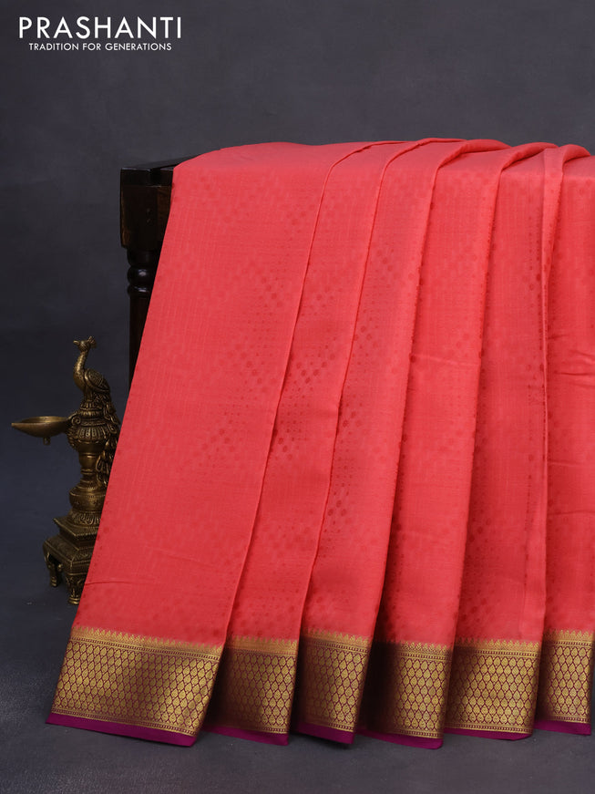 Pure mysore silk saree peach pink and purple with allover self emboss and zari woven border