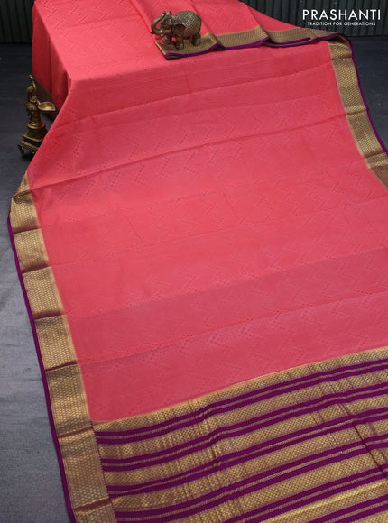 Pure mysore silk saree peach pink and purple with allover self emboss and zari woven border