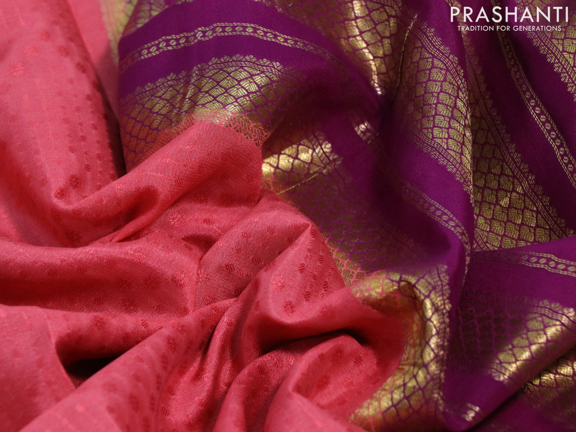 Pure mysore silk saree peach pink and purple with allover self emboss and zari woven border