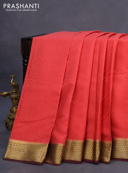 Pure mysore silk saree peach pink and deep maroon with allover self emboss and zari woven border