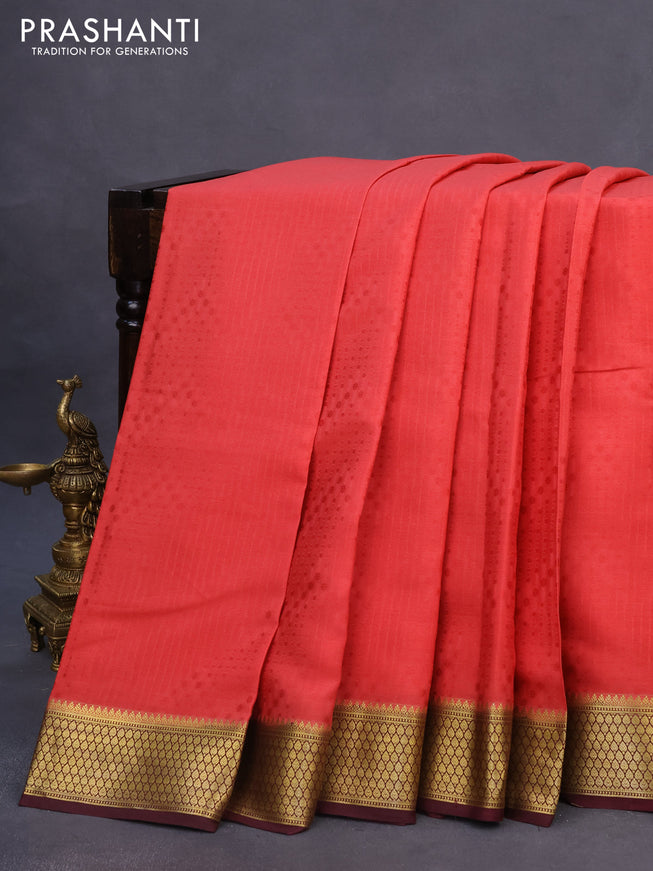 Pure mysore silk saree peach pink and deep maroon with allover self emboss and zari woven border