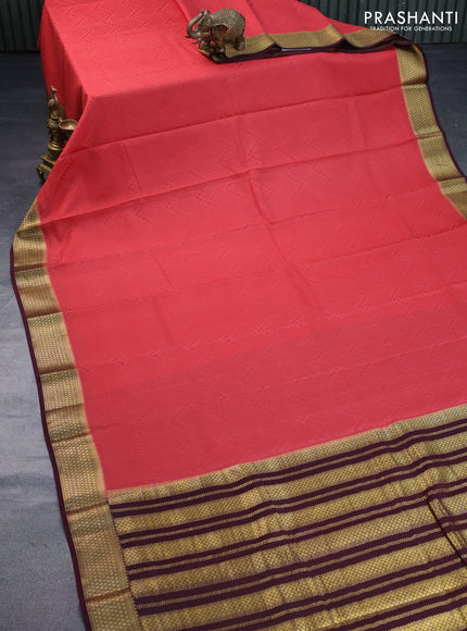 Pure mysore silk saree peach pink and deep maroon with allover self emboss and zari woven border