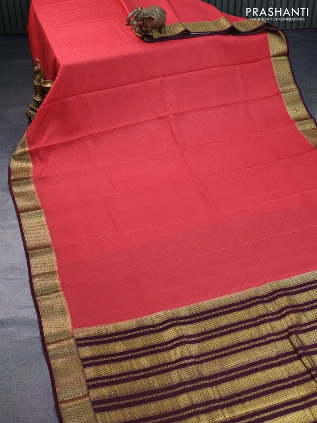 Pure mysore silk saree peach pink and deep maroon with allover self emboss and zari woven border