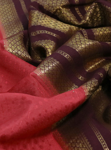 Pure mysore silk saree peach pink and deep maroon with allover self emboss and zari woven border