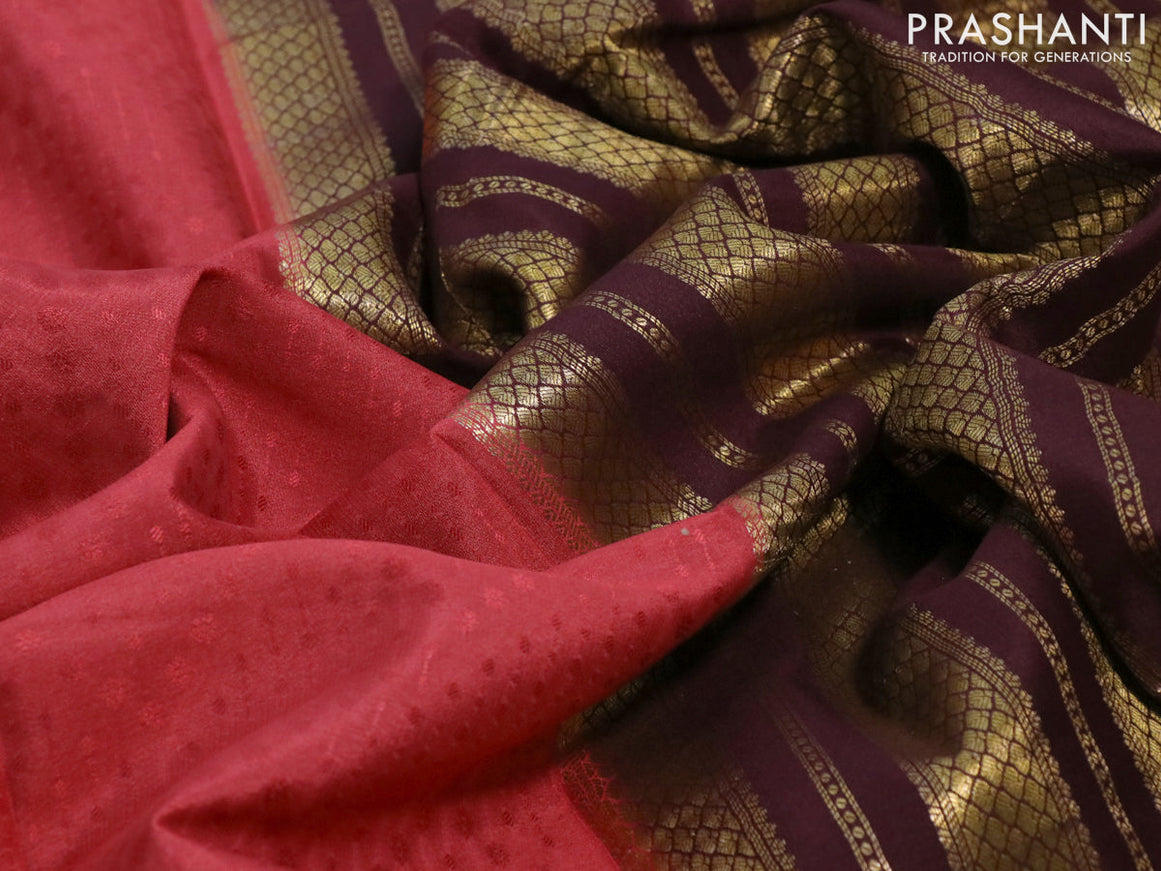 Pure mysore silk saree peach pink and deep maroon with allover self emboss and zari woven border