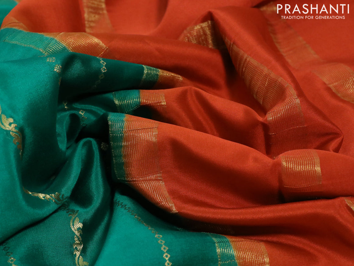 Pure mysore silk saree green and orange with allover zari weaves and rich zari woven border