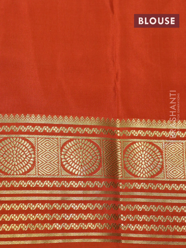 Pure mysore silk saree green and orange with allover zari weaves and rich zari woven border