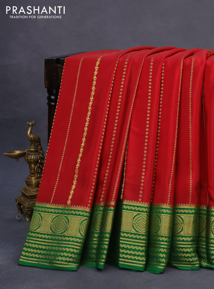 Pure mysore silk saree kumkum red and green with allover zari weaves and rich zari woven border