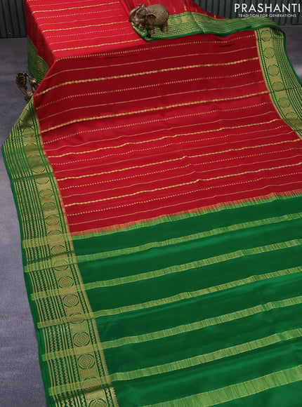 Pure mysore silk saree kumkum red and green with allover zari weaves and rich zari woven border