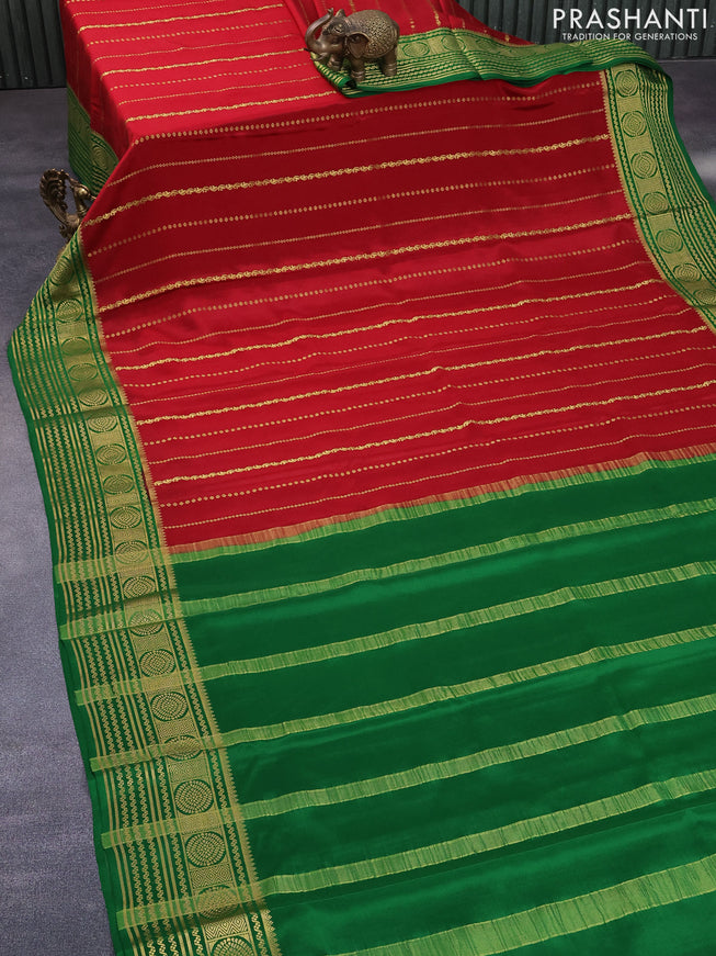 Pure mysore silk saree kumkum red and green with allover zari weaves and rich zari woven border