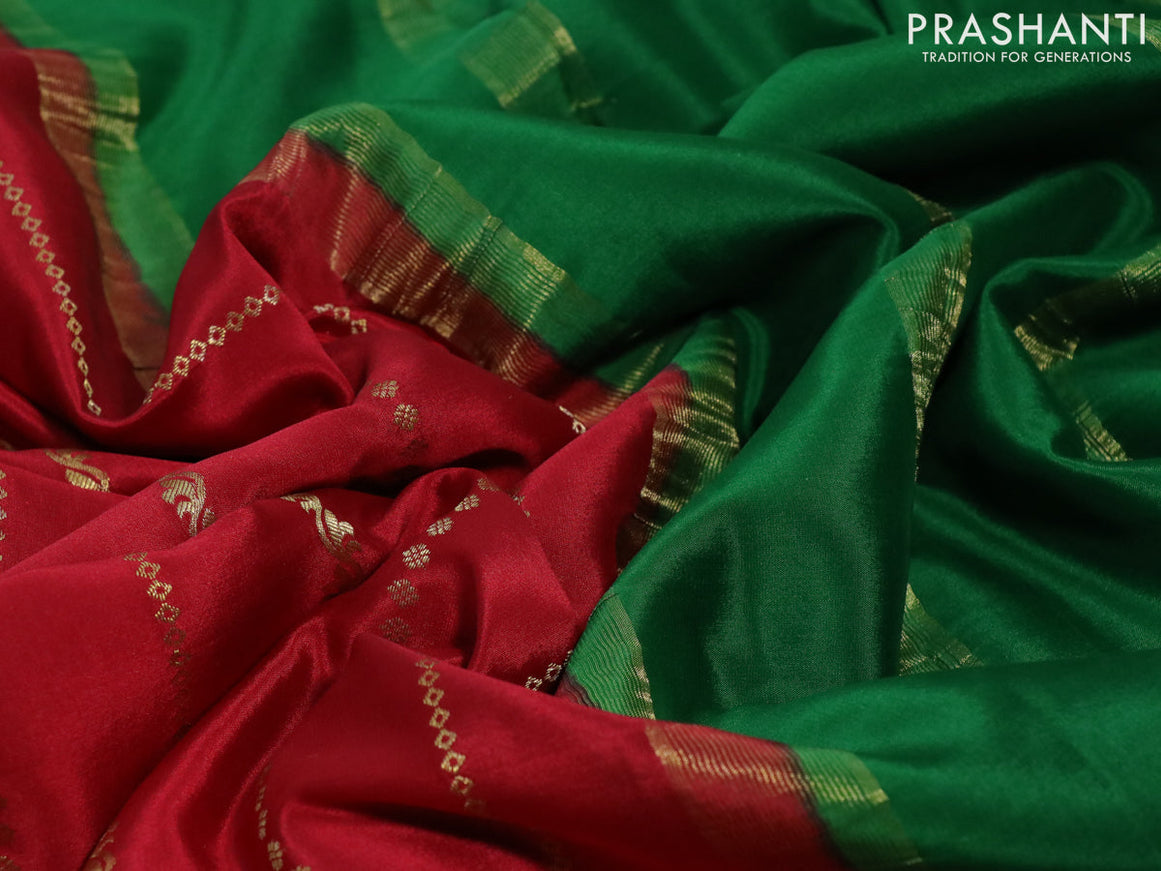 Pure mysore silk saree kumkum red and green with allover zari weaves and rich zari woven border