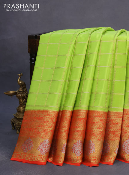 Pure mysore silk saree light green and orange with allover zari checked pattern and long rich zari woven border