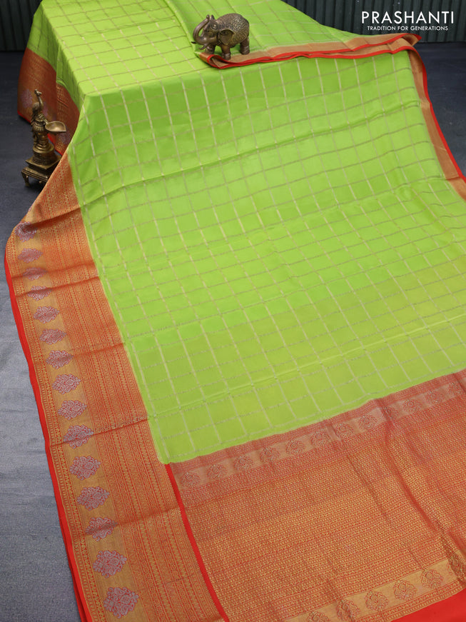 Pure mysore silk saree light green and orange with allover zari checked pattern and long rich zari woven border