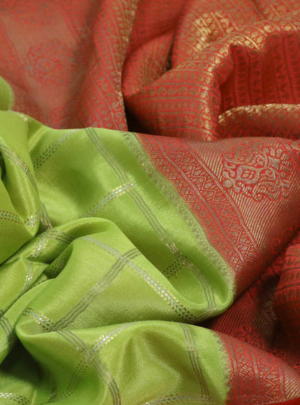 Pure mysore silk saree light green and orange with allover zari checked pattern and long rich zari woven border