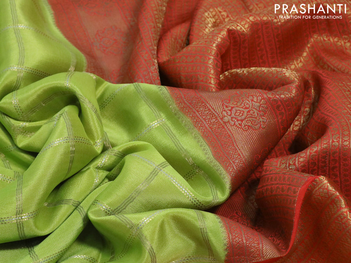 Pure mysore silk saree light green and orange with allover zari checked pattern and long rich zari woven border