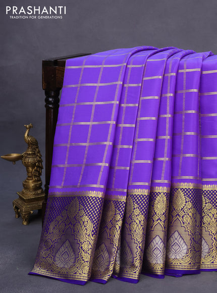 Pure mysore silk saree lavender shade and blue with allover zari checked pattern and long rich zari woven border