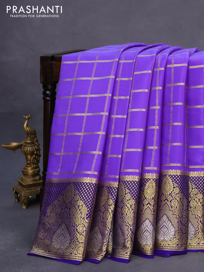 Pure mysore silk saree lavender shade and blue with allover zari checked pattern and long rich zari woven border