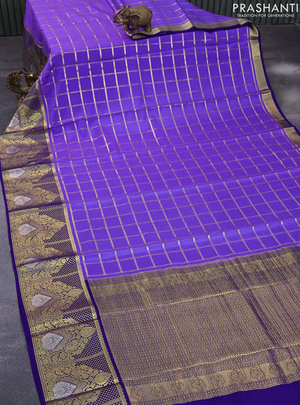 Pure mysore silk saree lavender shade and blue with allover zari checked pattern and long rich zari woven border