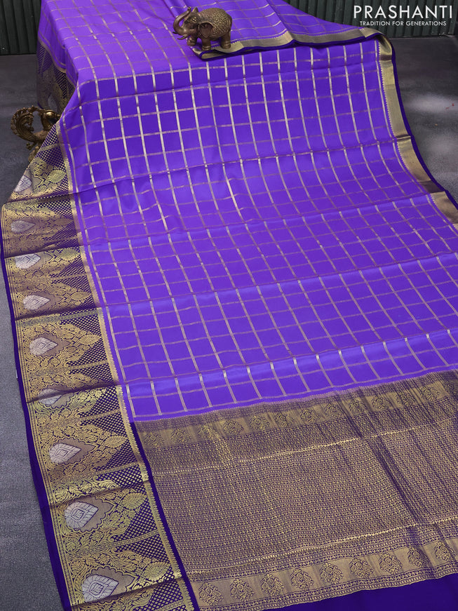 Pure mysore silk saree lavender shade and blue with allover zari checked pattern and long rich zari woven border