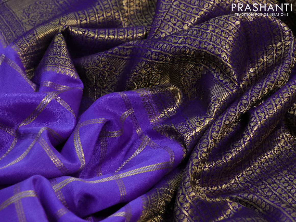 Pure mysore silk saree lavender shade and blue with allover zari checked pattern and long rich zari woven border