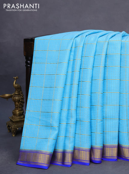 Pure mysore silk saree light blue and royal blue with allover zari checked pattern and zari woven border