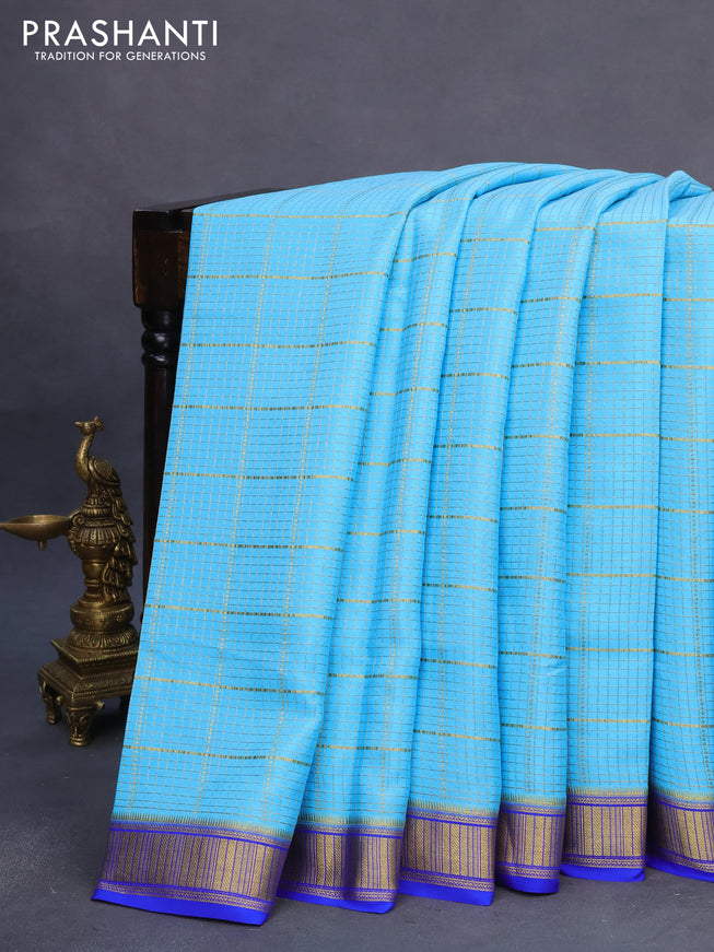 Pure mysore silk saree light blue and royal blue with allover zari checked pattern and zari woven border